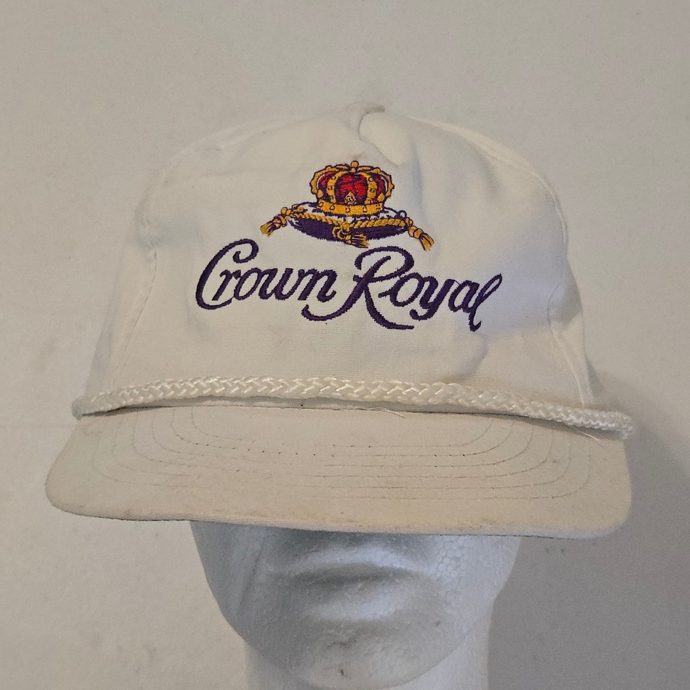 Vtg Crown Royal Hat White Mens OSFA Rope Snapback Whiskey Logo Embroidered Korea
